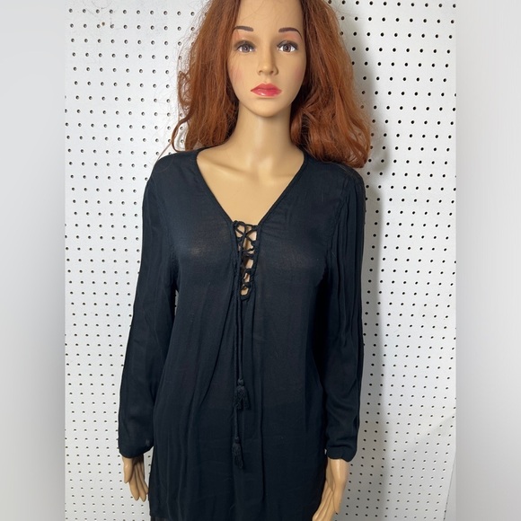 Billabong Women's Boho Black Lace-Up Tassel Front Beach Cover Up Tunic Dress M - Picture 2 of 11